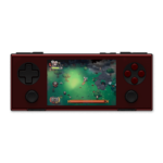 Front view of the AYANEO Pocket Micro in red (described as "Soul Red"), displaying the same game as the black version. This image highlights the device's color variety while maintaining identical button layout and screen display.